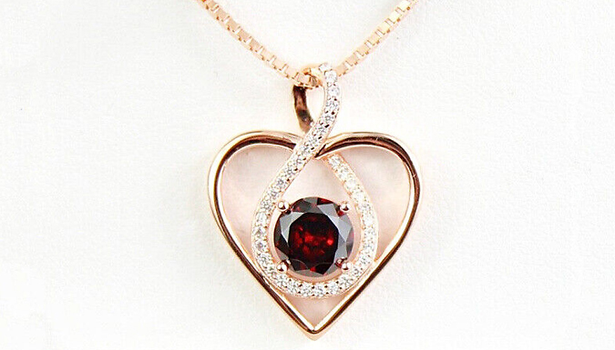 Rose Gold Crimson Gemstone Created Diamond Heart Necklace