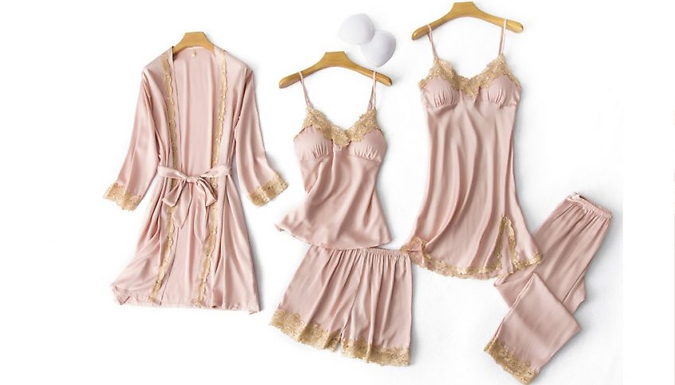 5-Piece Gold Lace Trim Satin Pyjama Set - 4 Colours & 3 Sizes at Go Groopie IE