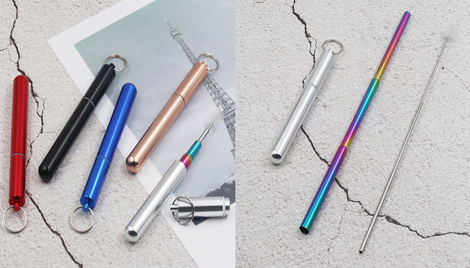 Folding Stainless Steel Metallic Straw with Collapsible Cleaning Brush - 6 Colours