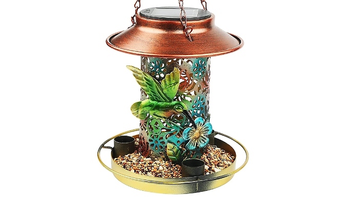 Solar-Powered Wrought Iron Bird Feeder & Light
