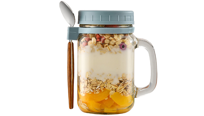 Set of 2 Overnight Oats Jars with Lids & Spoons - 5 Colours