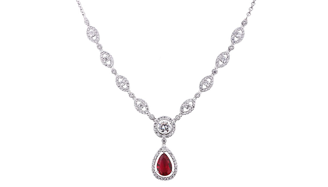 White Gold Finish Created Diamond Ruby Pear Necklace