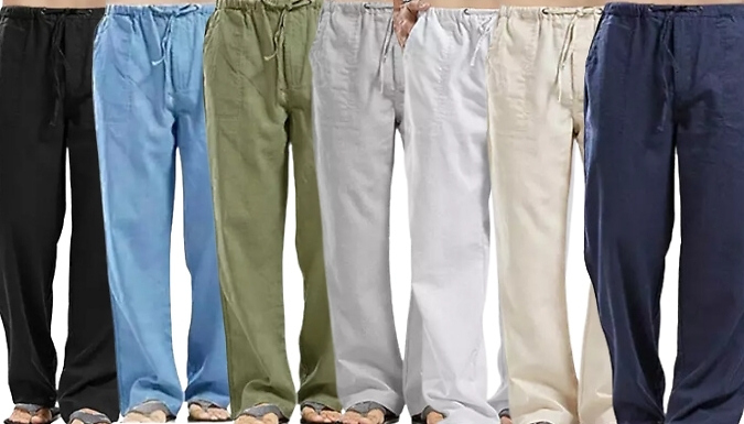 Men’s Linen Elastic Waist Drawstring Baggy Pants with Pockets - 7 Colours, 6 Sizes