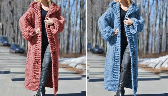 Long Hooded Knit Cardigan Jacket - 5 Colours & 5 Sizes at Go Groopie