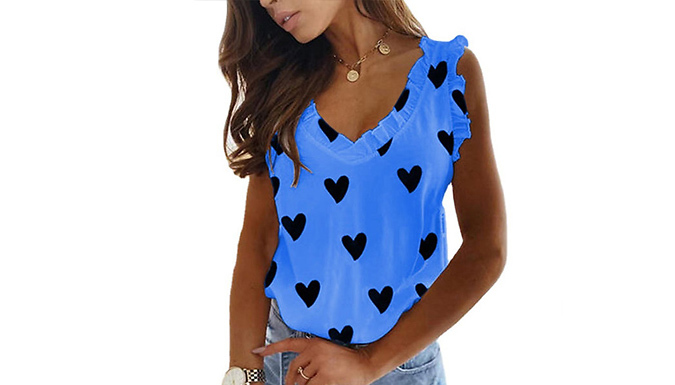 Heart Print Sleeveless Ruffle Blouse - 3 Colours & 5 Sizes at Go Groopie