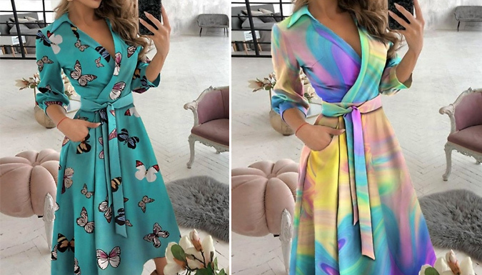 Long Sleeve V-Neck Printed Dress - 5 Colours & 5 Sizes