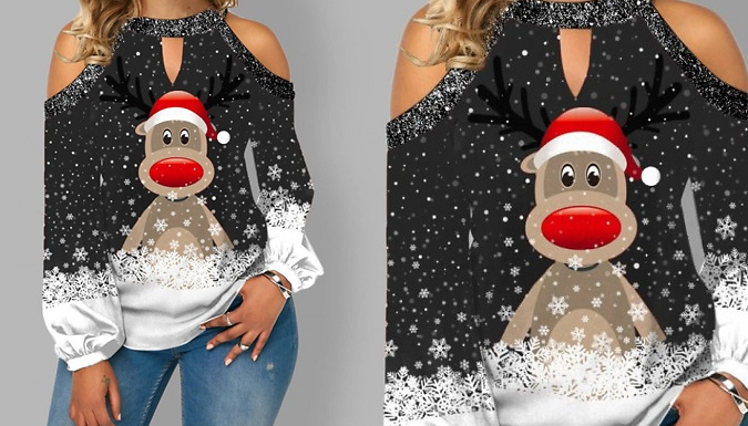 Cold Shoulder Reindeer Long-Sleeved Top - 5 Colours & 7 Sizes