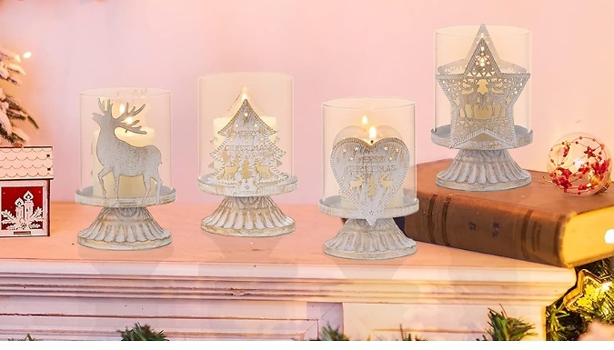 1 or 2 Christmas Metal Pillar Candle Holders - 4 Designs