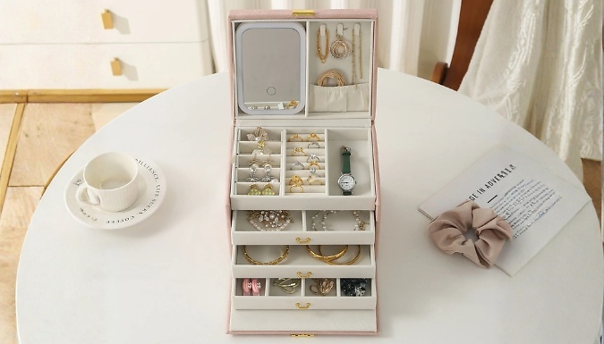 4-Layer Jewellery Organiser with LED Mirror - 3 Colours