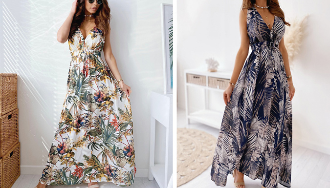 Floral V-Neck Long Summer Dress - 4 Colours & 4 Sizes at Go Groopie