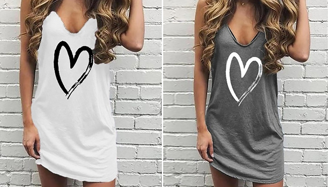 Grafitti Heart V-Neck Casual Mini-Dress - 4 Colours & 6 Sizes