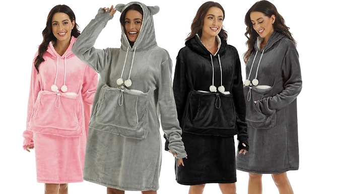 Fluffy Fleece Blanket Hoodie With Pet Pouch - 2 Sizes, 4 Colours at Go Groopie