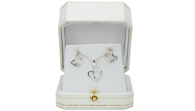 White Gold Finish Created Diamond Heart Pendant Jewellery Set