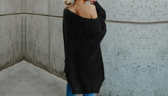 Oversized Off-the-Shoulder Fuzzy Knit Jumper - 4 Colours & 5 Sizes