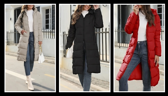 Long Hooded Puffer Jacket - 3 Colours & 6 Sizes