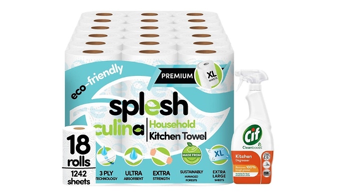 18 Rolls of Splesh Culina Kitchen Towel & CIF Kitchen Degreaser Spray