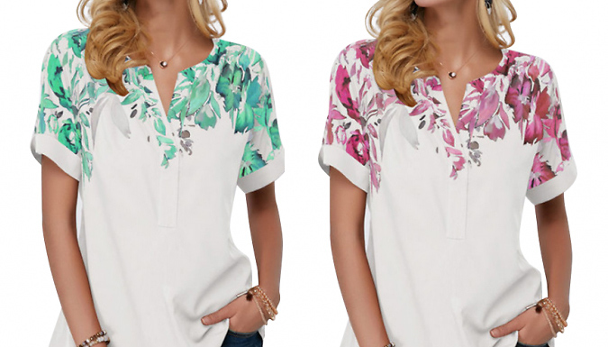 Floral Shoulder Print Collared T-Shirt – 5 Colours & 6 Sizes Deal Price £8.99
