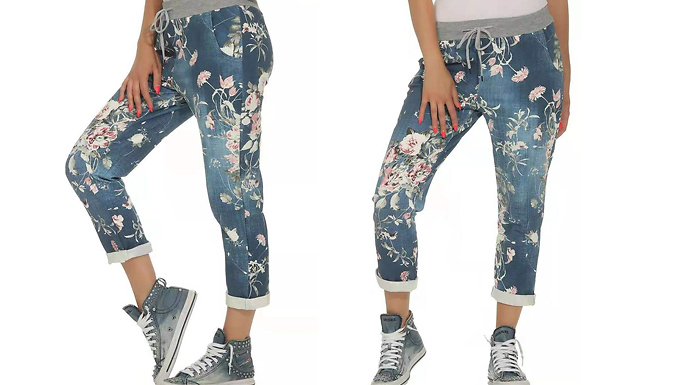 Floral Denim-Look Stretchy Waist Joggers - 2 Colours & 5 Sizes