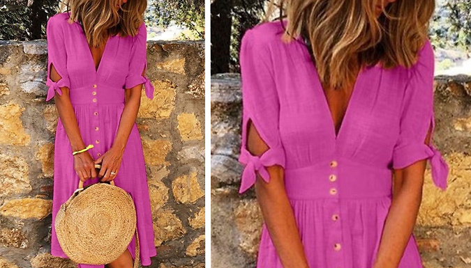 V-Neck Button Summer Dress - 6 Colours & 4 Sizes