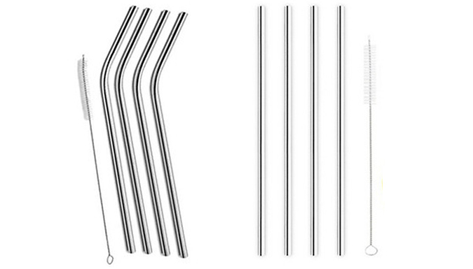 Pack of 4 Stainless Steel Drinking Straws with Cleaning Brush