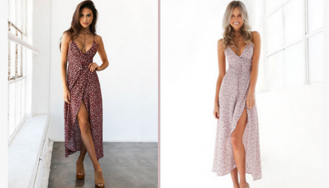 Floral Plunge Slit Maxi Dress - 3 Colours & Sizes at Go Groopie IE