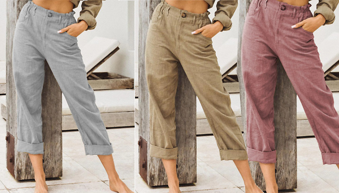 Women's Elasticated Waist Linen Style Trousers - 4 Colours & 5 Sizes