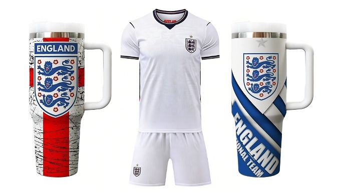 2-Piece England Football Jersey & Tumbler Cup Set - Kids & Adult Sizes!