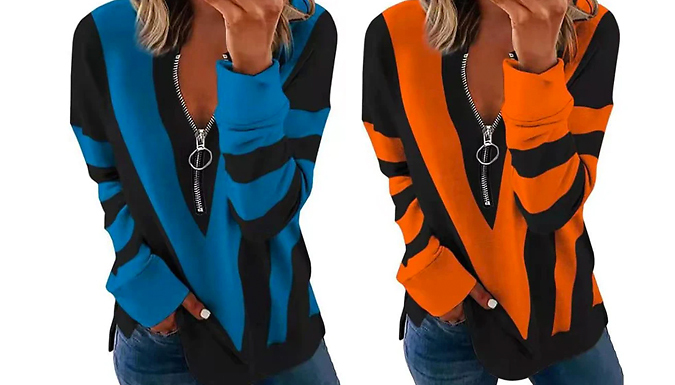 Geometric Pattern Zipper V-Neck Sweatshirt - 4 Colours & 7 Sizes
