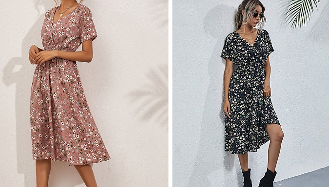 Midi Wrap-Over Short Sleeve Summer Dress - 7 Colours & 3 Sizes
