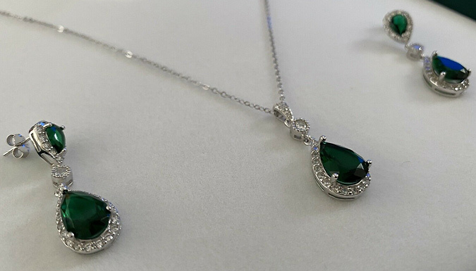 White Gold Finish Recreated Emerald Drop Earrings and Necklace