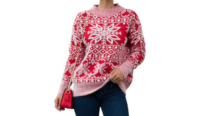 Women's Snowflake Fair Isle Fuzzy Knit Jumper - 4 Colours & 5 Sizes from Go Groopie