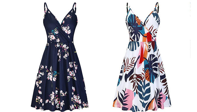 Women's V-Neck Floral Spaghetti Strap Summer Dress - 3 Colours & 4 Sizes at Go Groopie