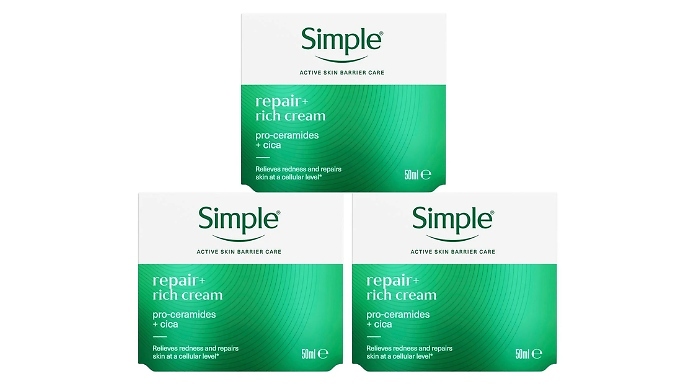 3-Pack Set of Simple Repair+ Soothing & Hydrating Face Moisturiser - 50ml Per Tub!