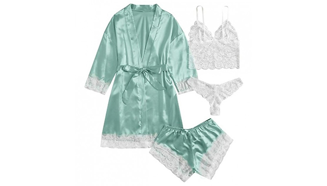 4-Piece Lace Trim Satin Sleepwear Set - 8 Colours & 5 Sizes