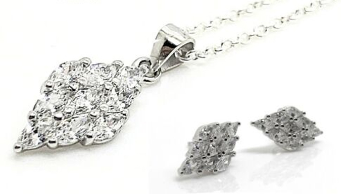 White Gold Marquise Cut Diamond Earrings and Necklace Set