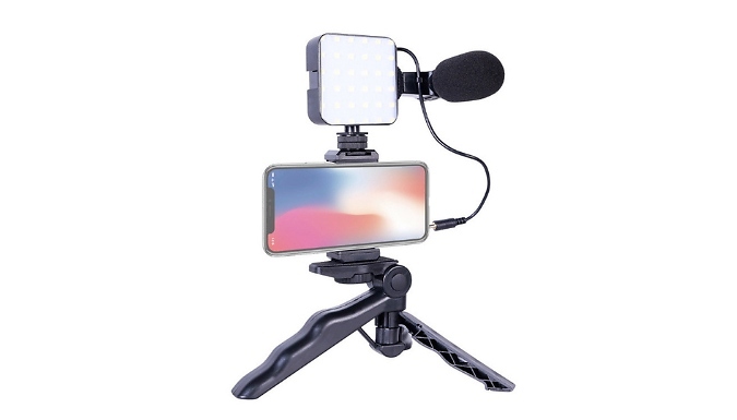 Vlogging Kit with Tripod, LED Light & Microphone - 3 Light Options!