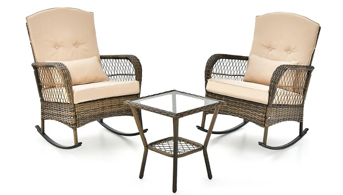 3-Piece Rattan Rocking Chair Set & Table - with Cushions!