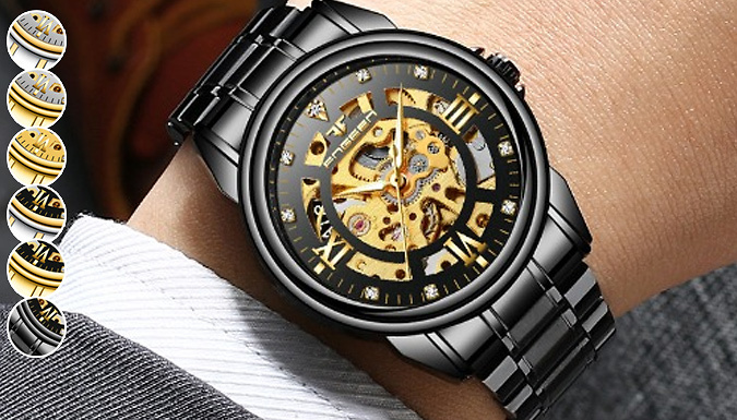 Mens gold skeleton clearance watch