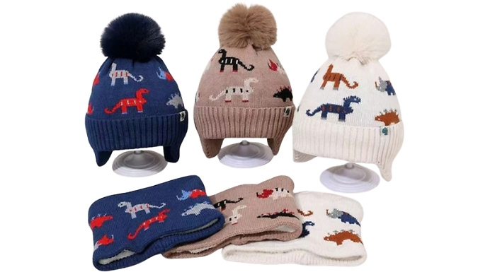 Children's Dinosaur Warm Hat & Scarf Set - 4 Colours!