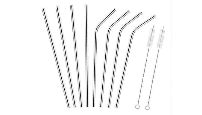 Set of 8 or 16 Reusable Stainless Steel Straws - With Cleaning Brushes & Pouch