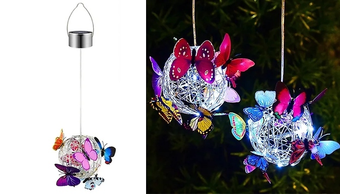 1 or 2-Pack of Solar-Powered Butterfly Hanging Globe Lights - 2 Colours