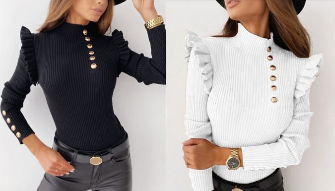 Knitted Jumper with Frill & Button Detailing - 5 Colours, 5 Sizes