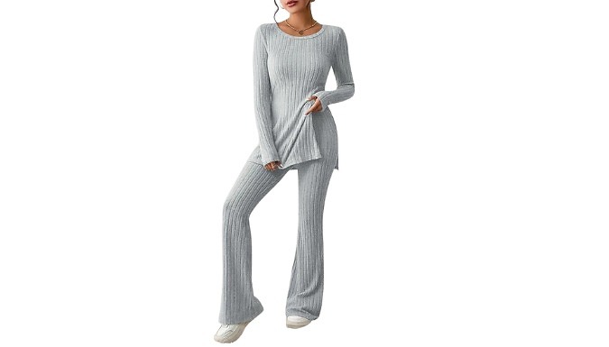 Ribbed Long Sleeve Top & Flares Co-ord Outfit - 5 Colours & 6 Sizes