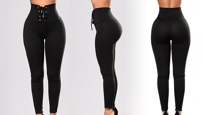 Lace-Up Waist Black Fashion Leggings - 4 Sizes from Go Groopie IE