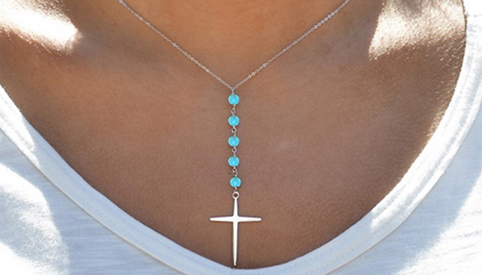 Silver-Plated Genuine Turquoise Beaded Cross Necklace