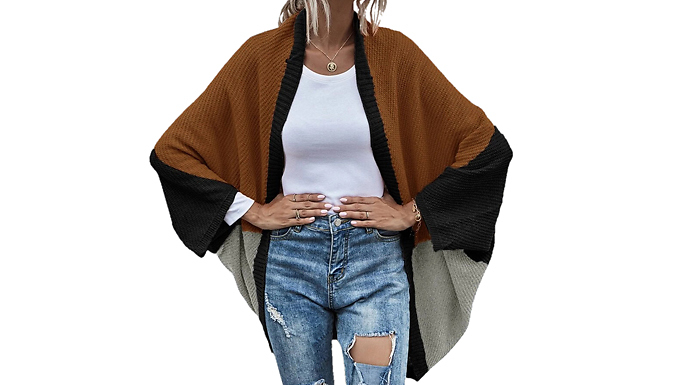 Block Colour Open Knitted Shawl Cardigan - 3 Colours & 4 Sizes