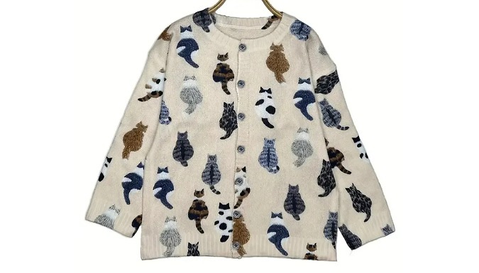 Women's Knitted Cat Print Cardigan - 5 Sizes