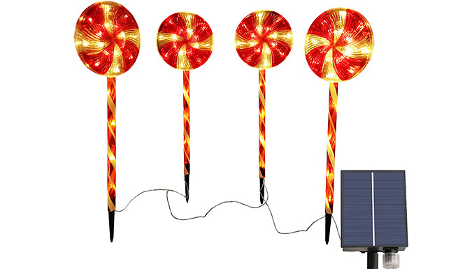 4 x Solar-Powered Candy Cane Stake Lights