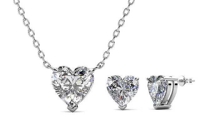 Love Heart Necklace & Earrings Gift Set - Encrusted with Swarovski Crystals