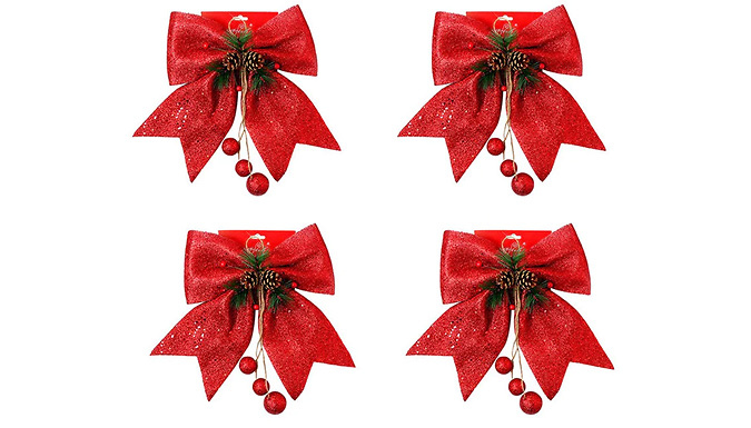 4-Pack Christmas Tree Bow Ornaments - 4 Colours